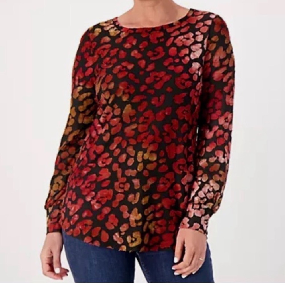 Susan Graver Women’s Xlp Sheer Leopard Print Tunic Top Black Red Brown Colorful